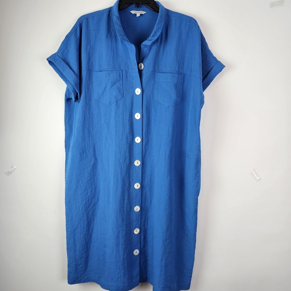 John Mark Solid Button Front Shirt Dress Large Blue Stand Up Collar Pockets SS